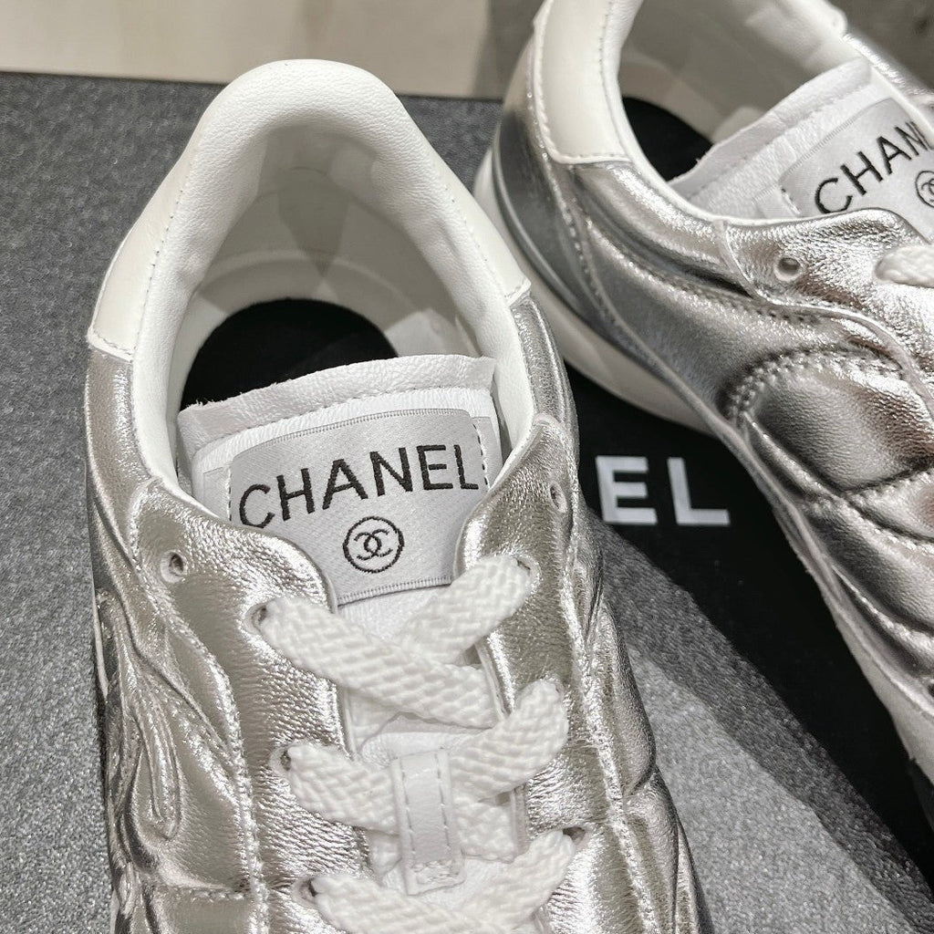 CHANEL Double C  New Quilted Panda Shoes Silver Sheepskin