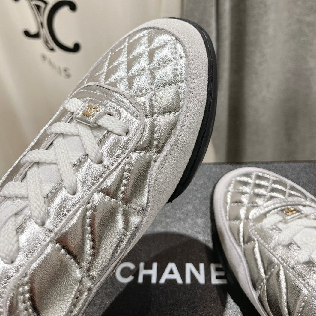 CHANEL Double C  New Quilted Panda Shoes Silver Sheepskin