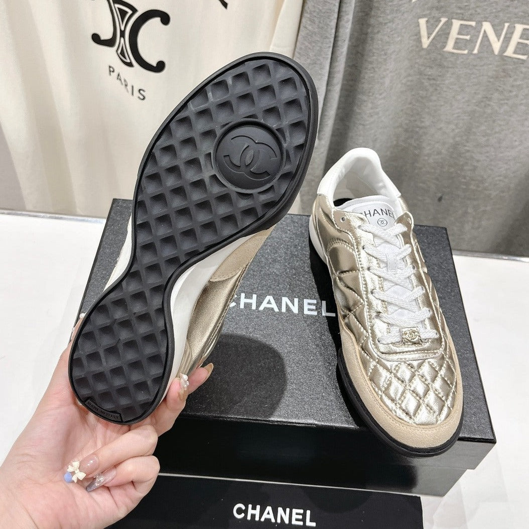 CHANEL Double C  New Quilted Panda Shoes Gold Sheepskin