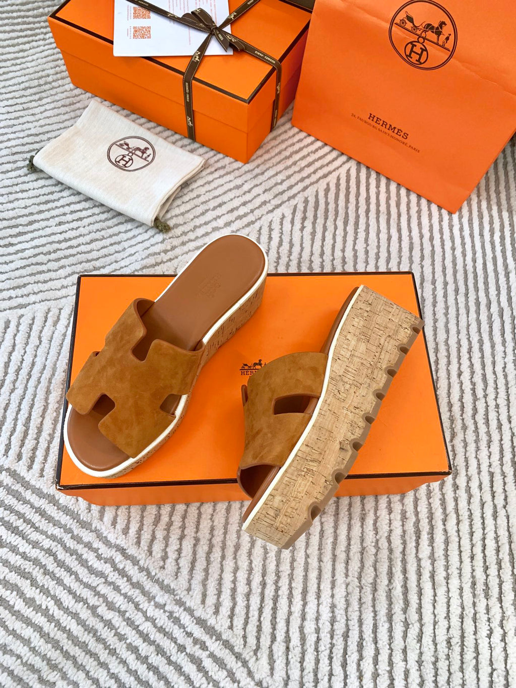 HERMES EZE 65 SANDAL BRIGHT BROWN SUEDE