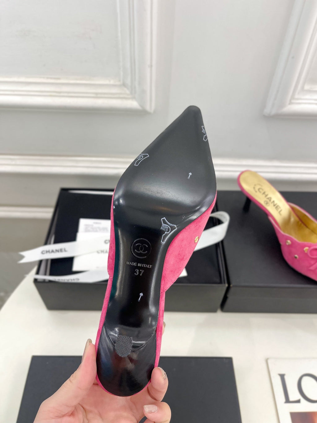 CHANEL HIGH 65 MM MULE IN DEEP PINK SUEDE