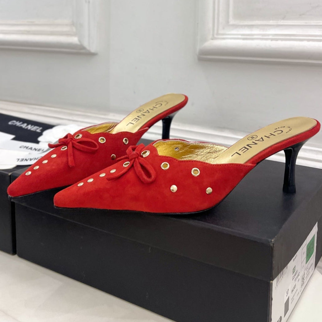 CHANEL HIGH 65 MM MULE IN CHERRY RED SUEDE