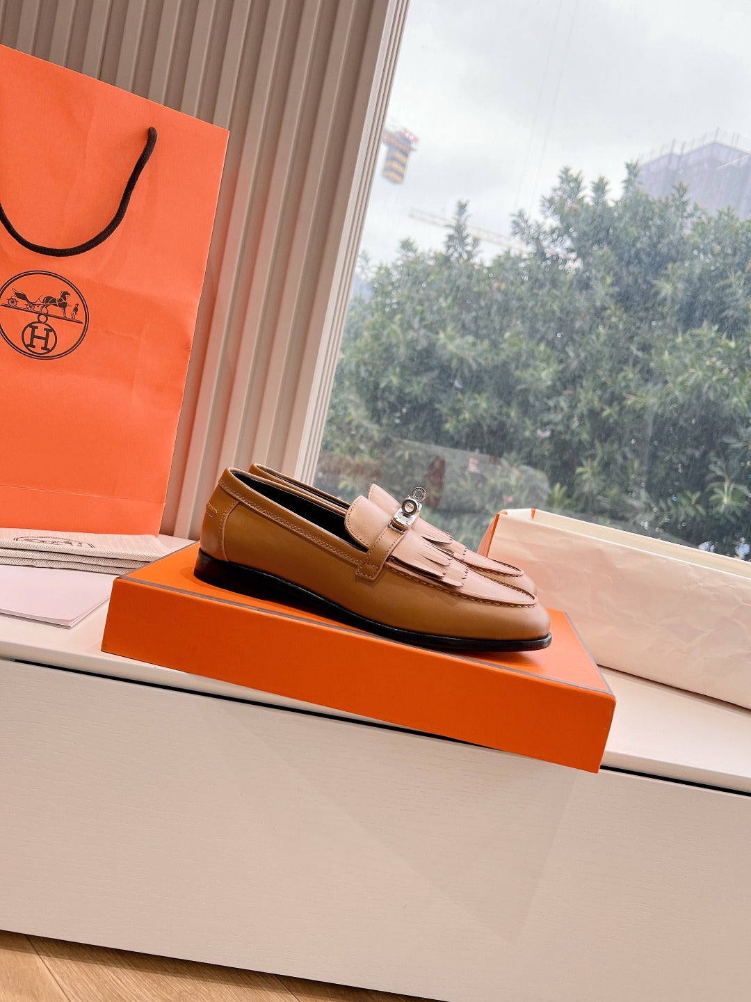 HERMES Destin Loafer Brown Goatskin with Fringe Detail